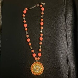 Coral color beaded necklace with pendant vintage